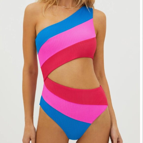 Beach Riot Joyce Stripe Cutout One-Piece Swimsuit Orchid Color Block Size Medium - Picture 1 of 4